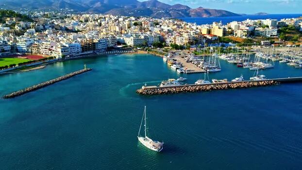 Aerial view of harbor in Crete Greece.