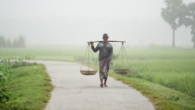 View of a man carrying a yoke on a rural road in Bangladesh. View of a man carrying a yoke on a rural road in Bangladesh.