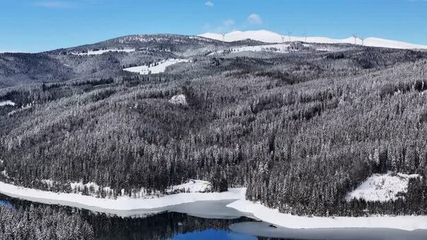 Aerial view of Soboth Reservoir and snowy forest in Austria.