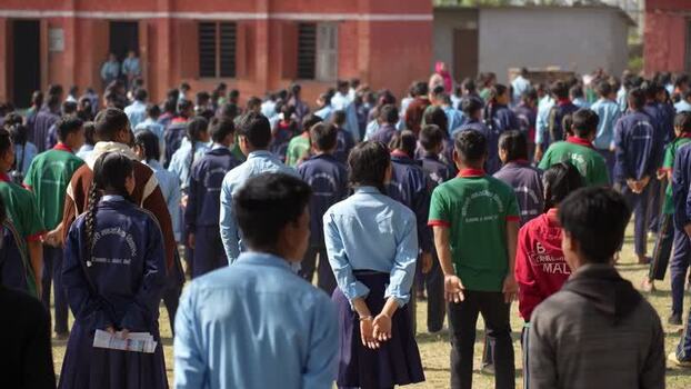 View of students gathered for a school assembly in Dhangadhi Nepal.