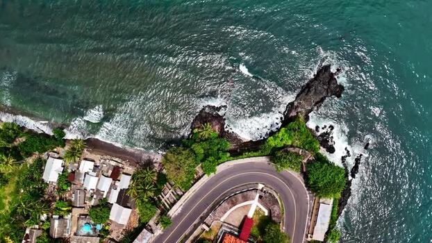 Aerial view of coastal road in Bali Indonesia.