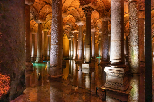 Fatih Istanbul Turkiye 26 July 2026 View of the Basilica Cistern with its iconic rows of ancient stone columns reflecting in the shallow water illuminated by warm ambient lighting.