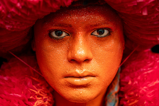 Munshiganj Bangladesh 13 April 2026 View of a person with an orange painted face and glitter wearing a vibrant pink textured costume during a festival.