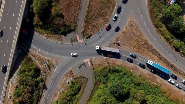 Aerial view of A1 motorway traffic flow in Huntingdon United Kingdom. Aerial view of A1 motorway traffic flow in Huntingdon United Kingdom.