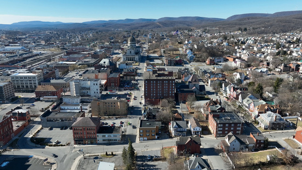 Aerial view of the Cathedral of the Blessed Sacrament and the surrounding urban landscape of Altoona Pennsylvania United States.