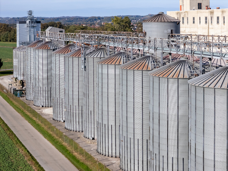 Aerial view of a row of tall corrugated metal grain silos at an industrial agricultural facility next to a rural road and green fields in Slovenia.