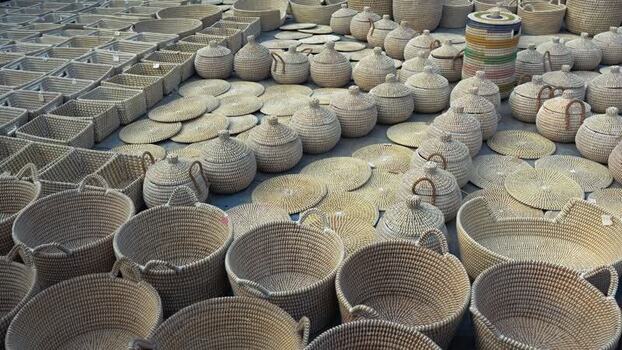 View of handcrafted wicker baskets and straw containers Bangladesh. View of handcrafted wicker baskets and straw containers Bangladesh.