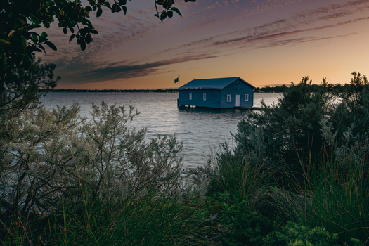 View of the iconic Blue Boat House on the Swan River at sunset framed by native coastal vegetation in Crawley Western Australia Australia. View of the iconic Blue Boat House on the Swan River at sunset framed by native coastal vegetation in Crawley Western Australia Australia.