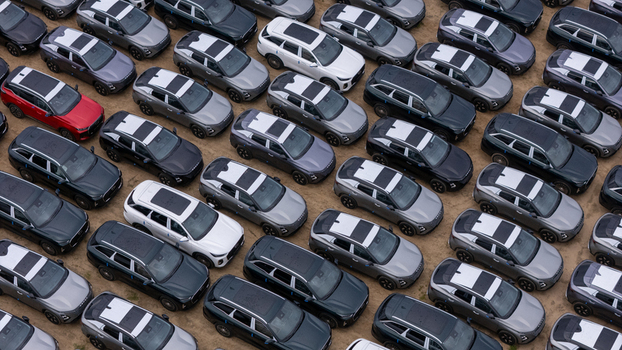Gdansk Poland 24 September 2026 Aerial view of a large parking lot filled with rows of new Chinese electric vehicles. Gdansk Poland 24 September 2026 Aerial view of a large parking lot filled with rows of new Chinese electric vehicles.