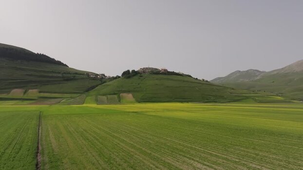 Aerial view of Castelluccio village in Umbria Italy.