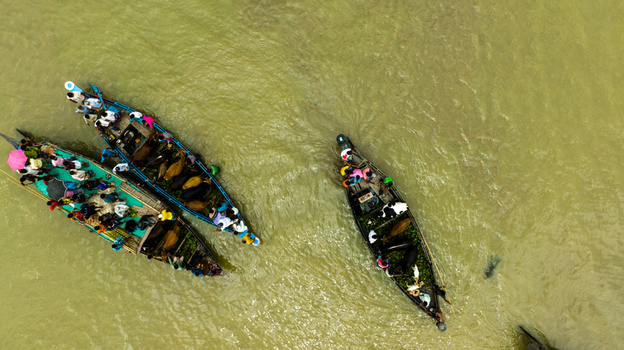 Aerial view of traditional wooden boats carrying people and livestock across the river near Baish Mowza Sarak Bazar in Nabinagar Chittagong Division Bangladesh. Aerial view of traditional wooden boats carrying people and livestock across the river near Baish Mowza Sarak Bazar in Nabinagar Chittagong Division Bangladesh.