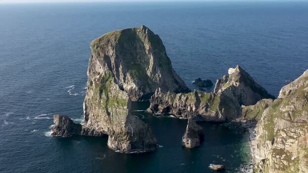 Aerial view of sea stacks at An Port along the coast Ireland.