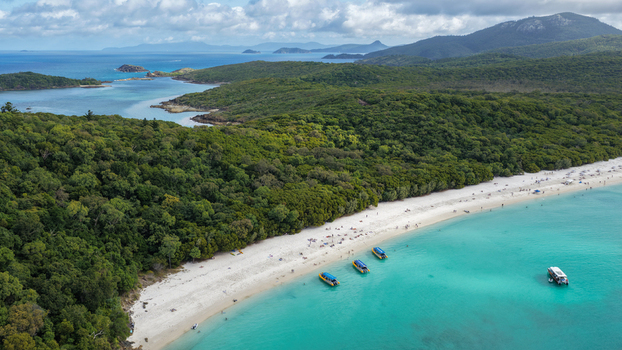 Aerial view of Whitehaven Beach with its iconic white silica sand and turquoise water surrounded by lush tropical forest and boats anchored in the bay in Whitsundays Queensland Australia.