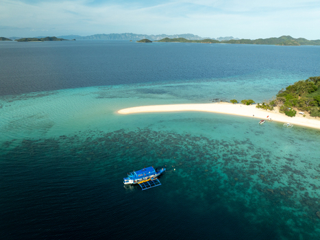 Aerial view of Malcapuya Island with its white sand beach turquoise waters coral reefs and a traditional outrigger boat anchored nearby in Coron Mimaropa Philippines. Aerial view of Malcapuya Island with its white sand beach turquoise waters coral reefs and a traditional outrigger boat anchored nearby in Coron Mimaropa Philippines.