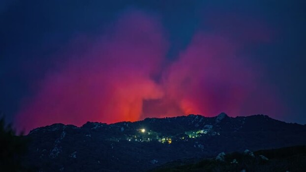 View of volcanic eruption at night in Spain.
