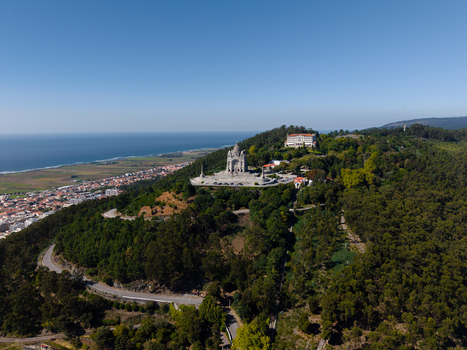 Aerial view of the Sanctuary of the Sacred Heart of Jesus atop Monte de Santa Luzia overlooking the coastal city and Atlantic Ocean in Viana do Castelo Viana do Castelo Dist Portugal. Aerial view of the Sanctuary of the Sacred Heart of Jesus atop Monte de Santa Luzia overlooking the coastal city and Atlantic Ocean in Viana do Castelo Viana do Castelo Dist Portugal.