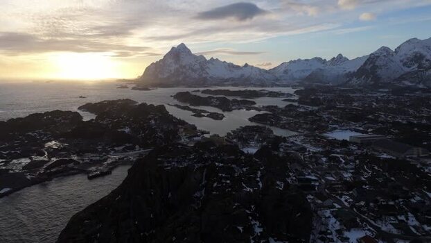 Aerial view of Lofoten mountains and coastline in Norway.
