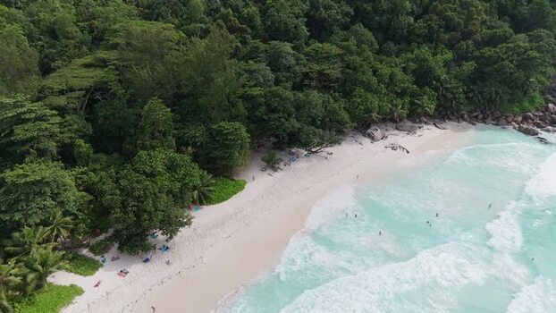 Aerial view of Anse Georgette beach in Grand Anse Seychelles.