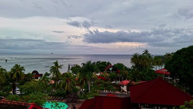 Aerial view of coastal Bali with palm trees and ocean Indonesia.