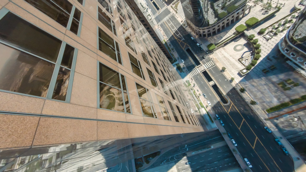 Aerial view of Downtown Los Angeles skyscrapers with urban streets and traffic in Los Angeles California United States.