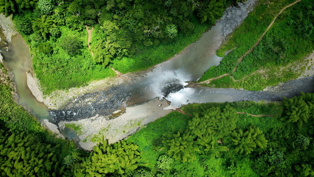 Aerial view of a winding river flowing through a lush green forest with dense vegetation rocky riverbanks and clear water in San Sebastian San Sebastian Puerto Rico.