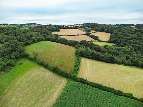 Aerial view of the rolling agricultural landscape of Restormel featuring patchwork fields dense hedgerows and patches of woodland under a cloudy sky in Restormel England United Kingdom. Aerial view of the rolling agricultural landscape of Restormel featuring patchwork fields dense hedgerows and patches of woodland under a cloudy sky in Restormel England United Kingdom.