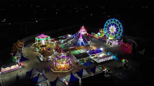 Aerial view of a night fairground in Mataram Indonesia.