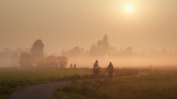 View of people on a rural path during a foggy sunrise Bangladesh.