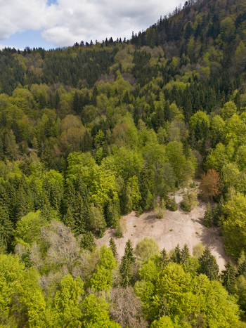 Aerial view of Maria Mine Spoil Heap surrounded by a lush mixed forest of pine and beech trees under a cloudy sky in Spania Dolina Banska Bystrica Region Slovakia. Aerial view of Maria Mine Spoil Heap surrounded by a lush mixed forest of pine and beech trees under a cloudy sky in Spania Dolina Banska Bystrica Region Slovakia.