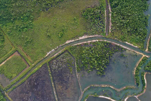 Aerial view of aquaculture ponds and mangrove forests along the coastline in Maginti South East Sulawesi Indonesia. Aerial view of aquaculture ponds and mangrove forests along the coastline in Maginti South East Sulawesi Indonesia.