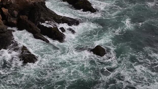 Aerial view of rocky coastline in Fort Bragg United States.