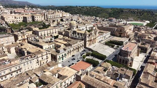 Aerial view of Noto Cathedral and historic Baroque center Italy. Aerial view of Noto Cathedral and historic Baroque center Italy.