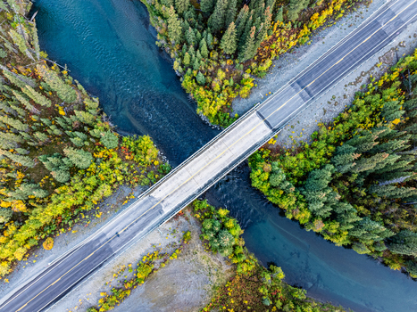Aerial view of Tok River flowing under a bridge surrounded by dense coniferous forest with autumn foliage Southeast Fairbanks Census Area Alaska United States.
