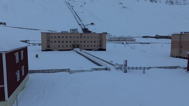 Aerial view of Pyramiden mining town in Svalbard and Jan Mayen.