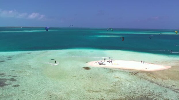 Aerial view of kitesurfing in Los Roques archipelago Venezuela.