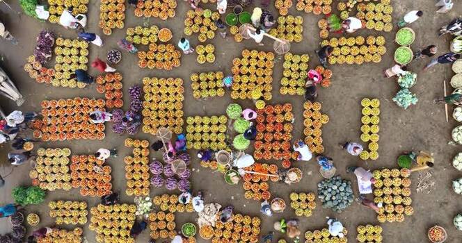 Aerial view of a vibrant vegetable market in Sylhet Bangladesh.