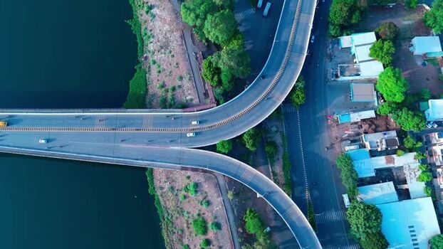 Aerial view of highway bridge junction over river India.