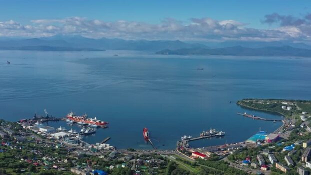 Aerial view of Petropavlovsk Kamchatskiy harbor Russia.
