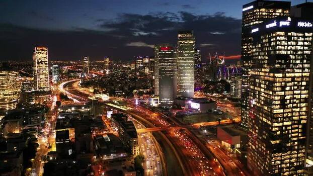 Aerial view of Azrieli Center skyscrapers Israel.