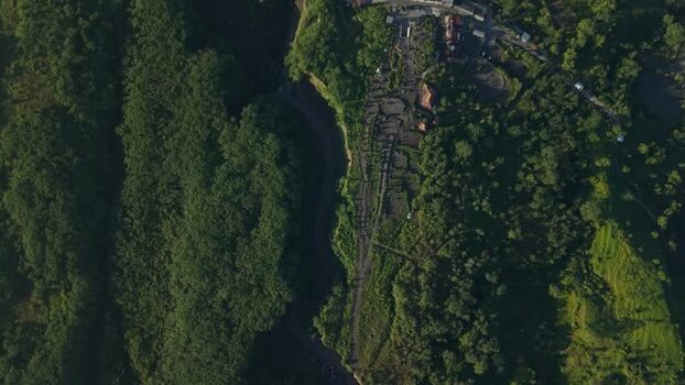 Aerial view of Bunker Kaliadem Merapi and volcanic slopes Indonesia.