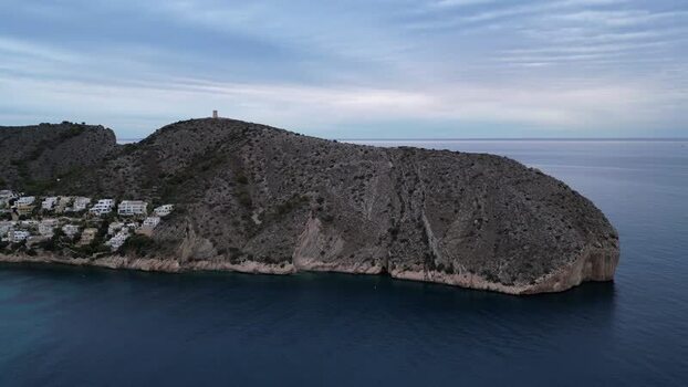 Aerial view of Cap d Or watchtower in Moraira Spain.