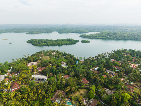 Aerial view of Koggala Lake with its green islands and houses surrounded by dense tropical palm trees in Koggala Southern Province Sri Lanka. Aerial view of Koggala Lake with its green islands and houses surrounded by dense tropical palm trees in Koggala Southern Province Sri Lanka.