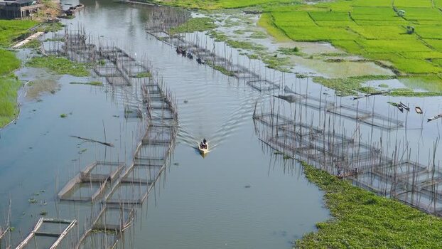 Aerial view of Lake Rawa Pening fish farms in Indonesia.