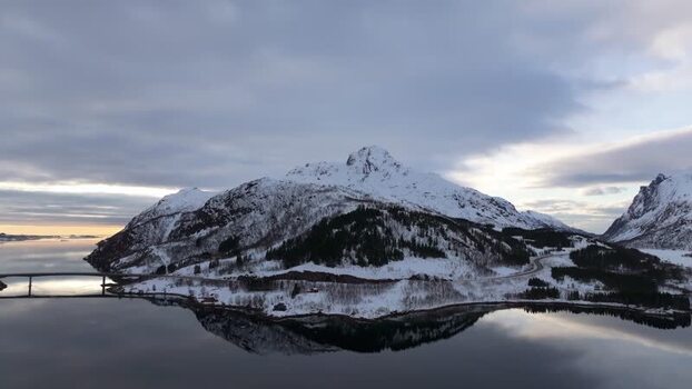 Aerial view of Lofoten mountains and bridge in Vagan Municipality Norway.