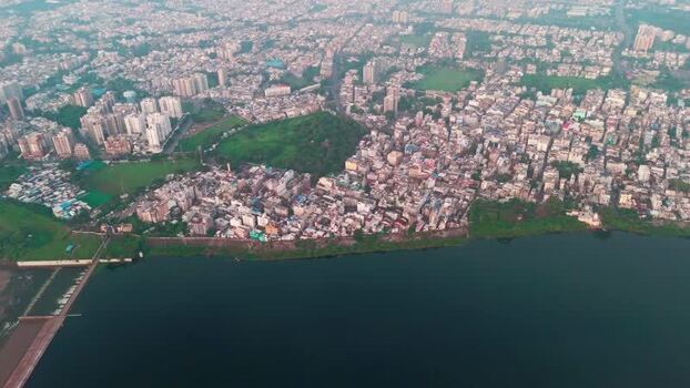 Aerial view of Surat cityscape along the river India.