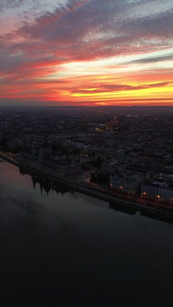Aerial view of the Hungarian Parliament Building at sunset Hungary.