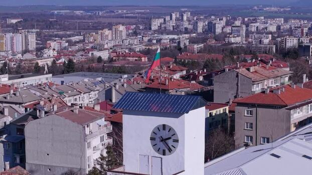 Aerial view of the clock tower in Shumen Bulgaria.