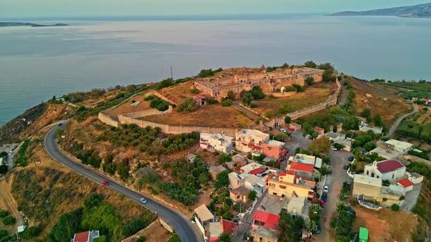 Aerial view of the historic fortress on the coast of Greece.