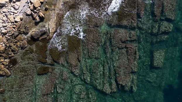 Aerial view of rocky coastline and turquoise waters Spain.