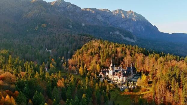 Aerial view of Peles Castle in the Carpathian Mountains Romania. Aerial view of Peles Castle in the Carpathian Mountains Romania.